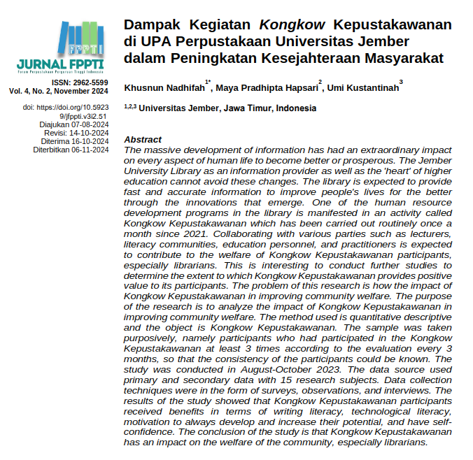 Dampak  Kegiatan Kongkow  Kepustakawanan di UPA Perpustakaan Universitas Jember dalam Peningkatan Kesejahteraan Masyarakat
