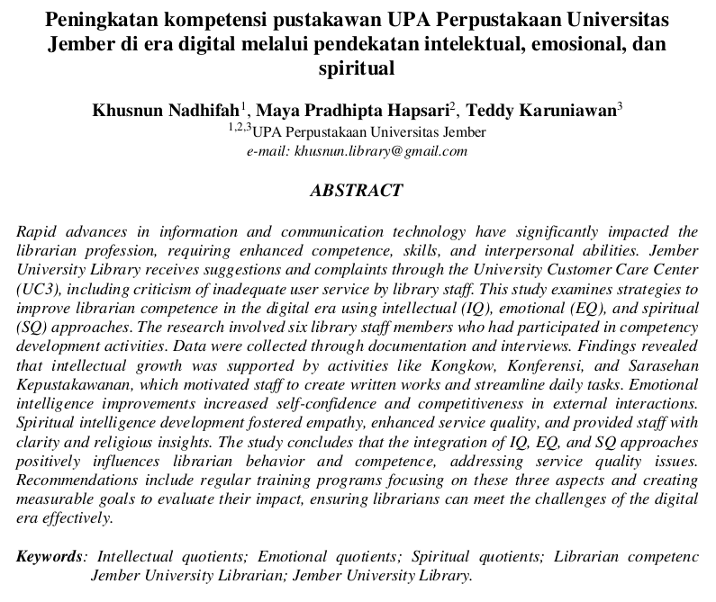 Peningkatan kompetensi pustakawan UPA Perpustakaan Universitas Jember di era digital melalui pendekatan intelektual, emosional, dan spiritual