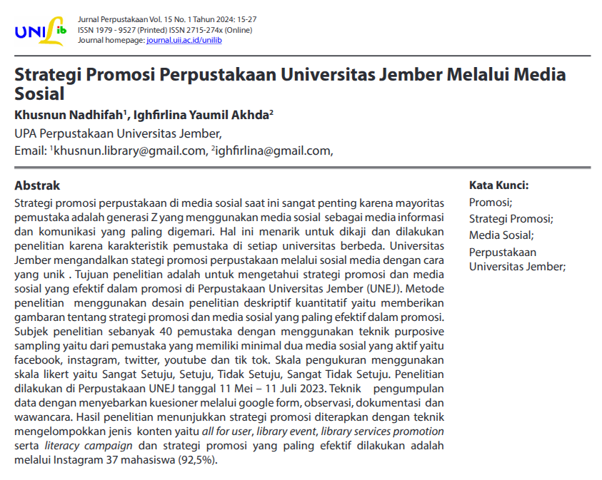 Strategi Promosi Perpustakaan Universitas Jember Melalui Media Sosial